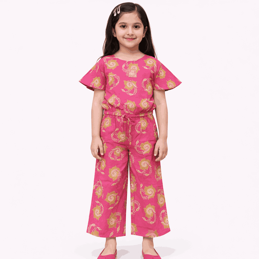 Girls Pink Printed Cotton Jumpsuit – Summer Flutter Sleeve Wide Leg Outfit