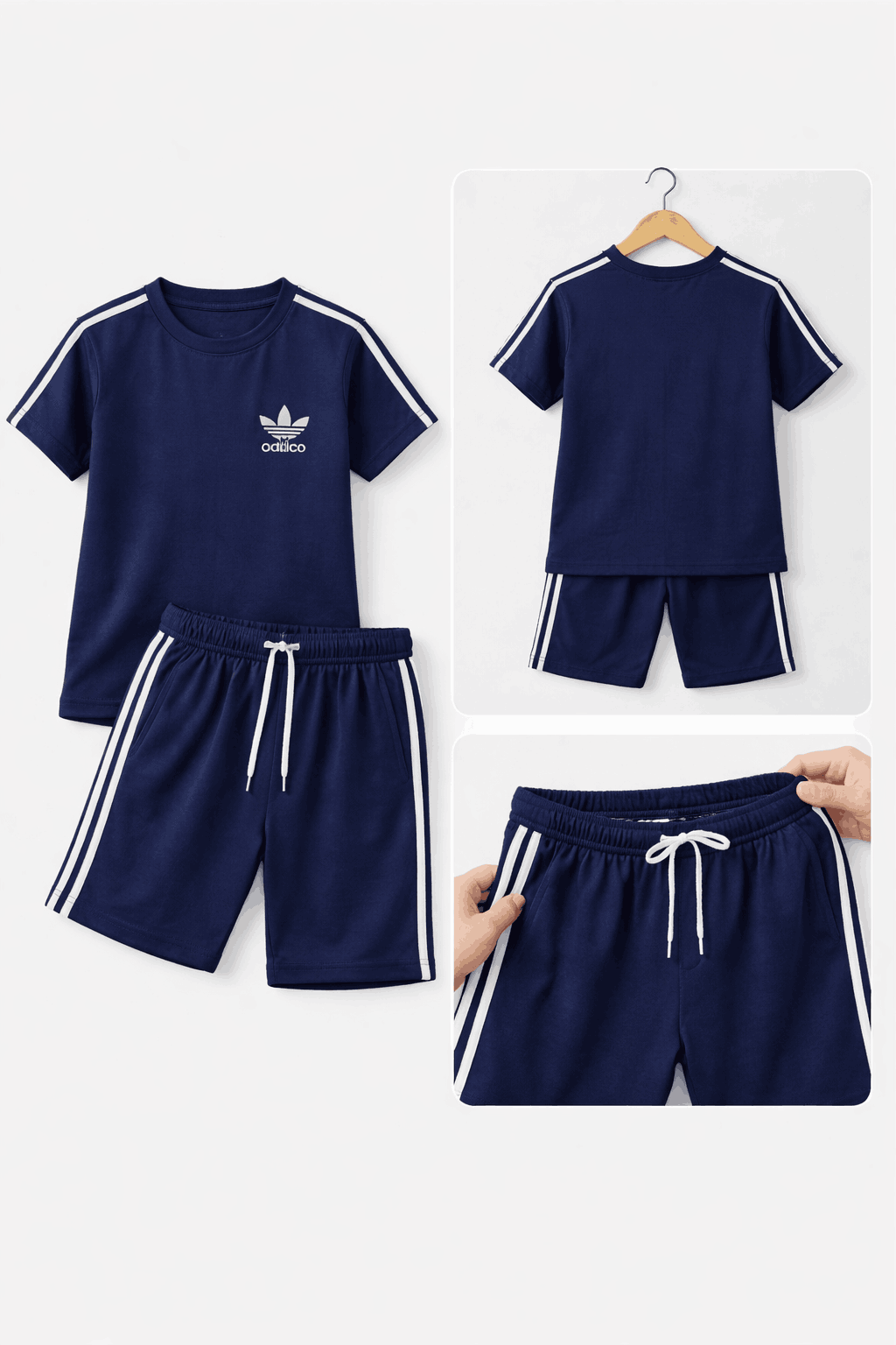 Kids navy blue cotton sports t-shirt and shorts set with black side stripes and elastic waistband