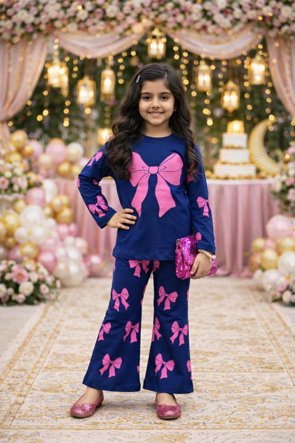 Girl wearing navy blue cotton jersey co-ord set with pink bow print – breathable summer outfit for kids aged 1 to 10 years.