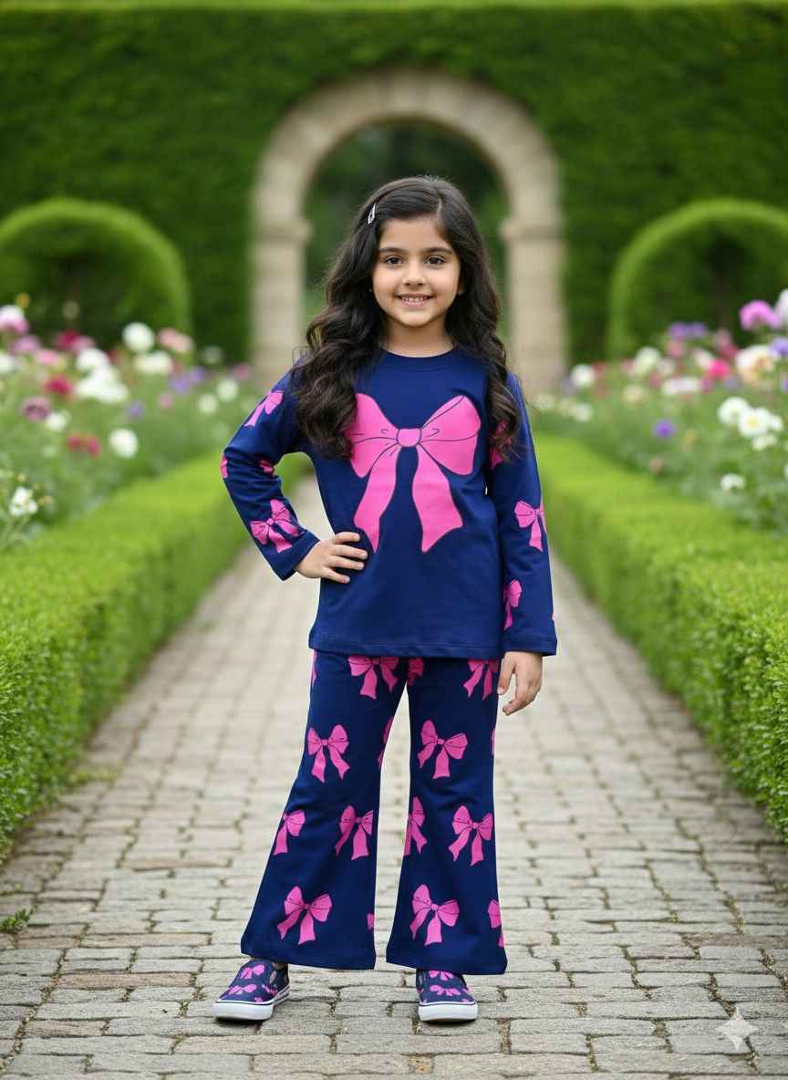 Girl wearing navy blue cotton jersey co-ord set with pink bow print – breathable summer outfit for kids aged 1 to 10 years.