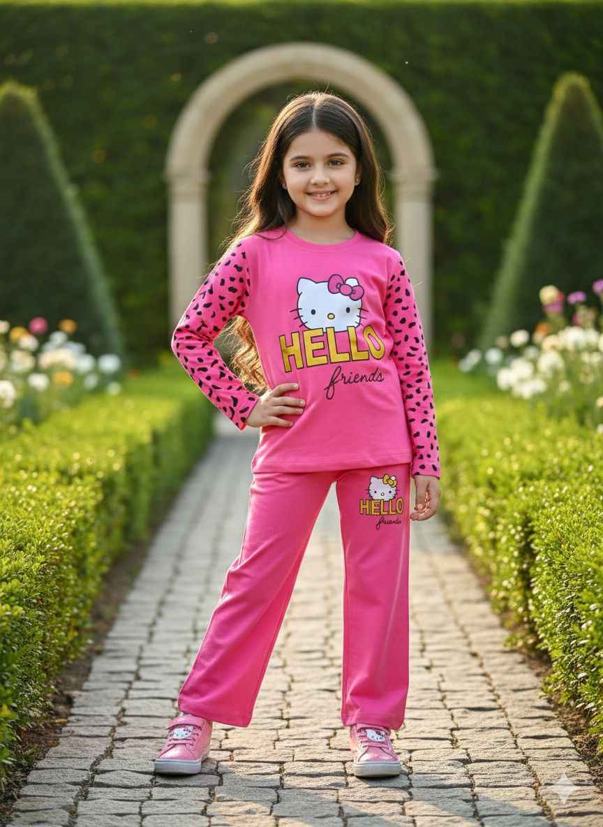 Girl wearing pink cotton jersey summer co-ord set for kids with Hello Friends print – soft and breathable outfit for ages 1 to 10 years.
