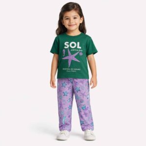 Girl wearing green cotton T-shirt with sea star print and lavender pajama set for summer