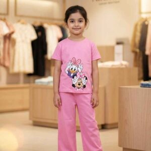 Girls pink cartoon printed kids outfit soft cotton kids clothes Pakistan summer girls dress