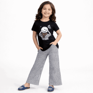 girls black graphic t shirt with striped wide leg pants kids fashion outfit