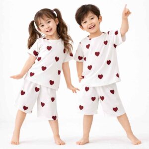 heart print kids summer cotton set for boys and girls in Pakistan breathable comfortable kids night suit