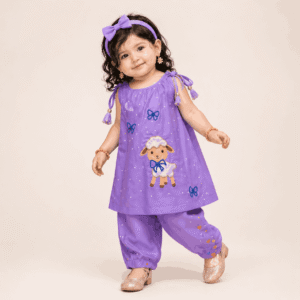 handpainted Eid Ul Azha baby girl outfit in purple cotton with sheep design Pakistan