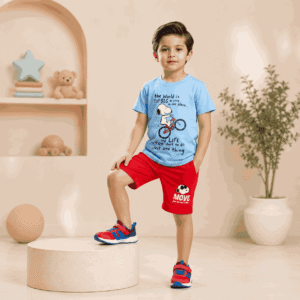 Cute boy wearing blue cartoon T-shirt with red shorts summer co-ord set for kids