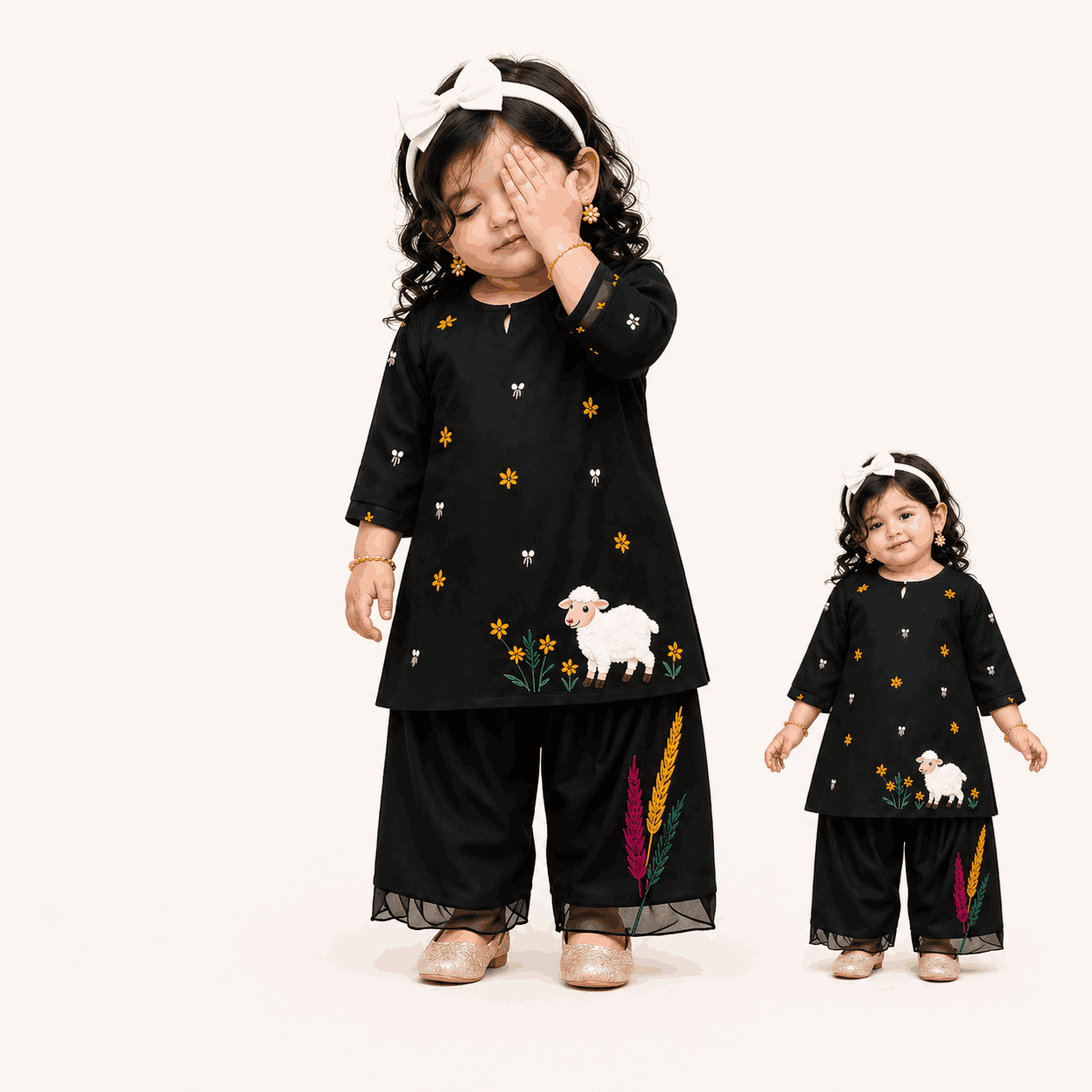 kids black eid outfit, girls kidswear pakistan, hand painted kids dress, premium kids clothing, toddler eid dress black, stylish girls outfit, kids 2 piece dress, cotton kidswear online, mini me kidswear dress, girls party dress pakistan