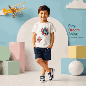 Boy wearing stylish soccer print co-ord set with navy shorts in pastel studio background