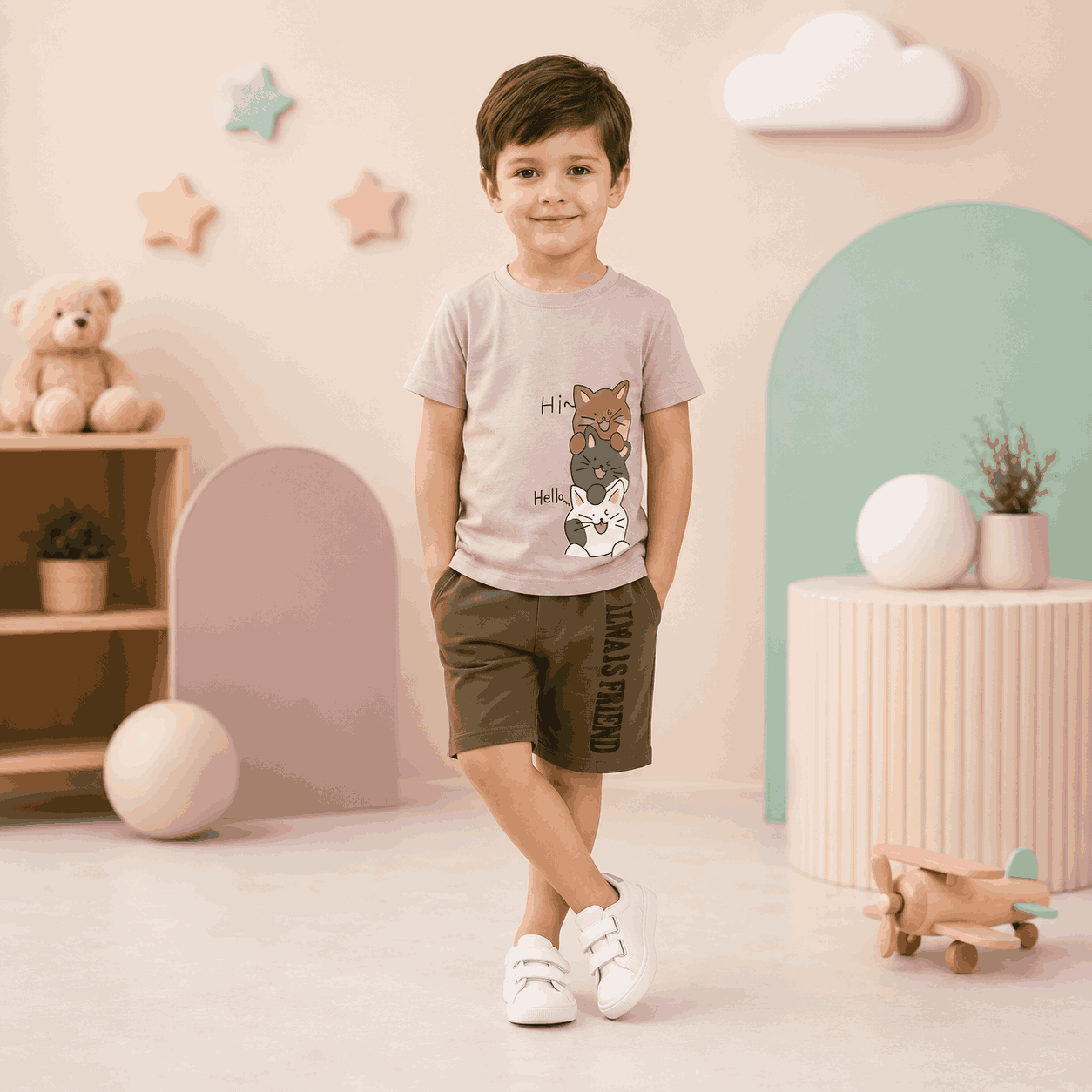 Cute boy wearing pastel kids co-ord set with cartoon print and matching shorts