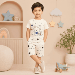 picture Alt Text Stylish boy wearing sky blue cartoon T-shirt with red shorts summer outfit for kids