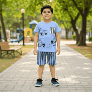 Boys Cotton Summer T-Shirt & Striped Shorts Set – Soft & Comfortable Casual Wear